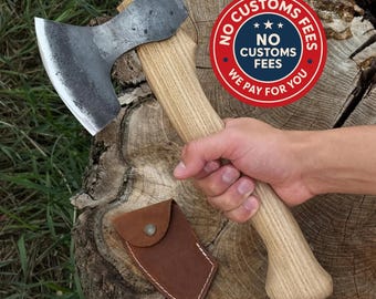 Spoon Carving Axe. Sharp Blade. Hand Forged From Hardened Carbon 52100 Steel, Ergonomic Ash Handles, With Leather Sheaths. Chopping Axe