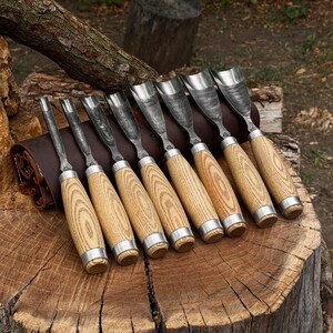 May include: A set of eight wood carving gouges with curved metal blades and light-coloured wooden handles featuring a prominent grain pattern. Each tool has a silver-coloured metal ferrule at the base of the handle, arranged in a row on a dark brown leather roll.