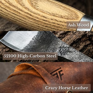 May include: A composite image showing three components: a light-colored ash wood handle, a textured 52100 high-carbon steel blade with a stamped logo, and a brown Crazy Horse leather sheath featuring a debossed logo and a leather strap.
