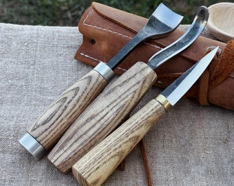 Hand-Forged 3-Piece Spoon Carving Tool Set. 52100 Carbon Steel Blades, Ash Wood Handles, Leather Sheath. Knives and Gouge for Wood Carving.