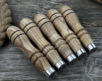 5-Piece Set of Replacement Ash Handles – Handcrafted Wooden Handles with Aluminum Rings for Carving Tools, Chisels, and Knife Making.