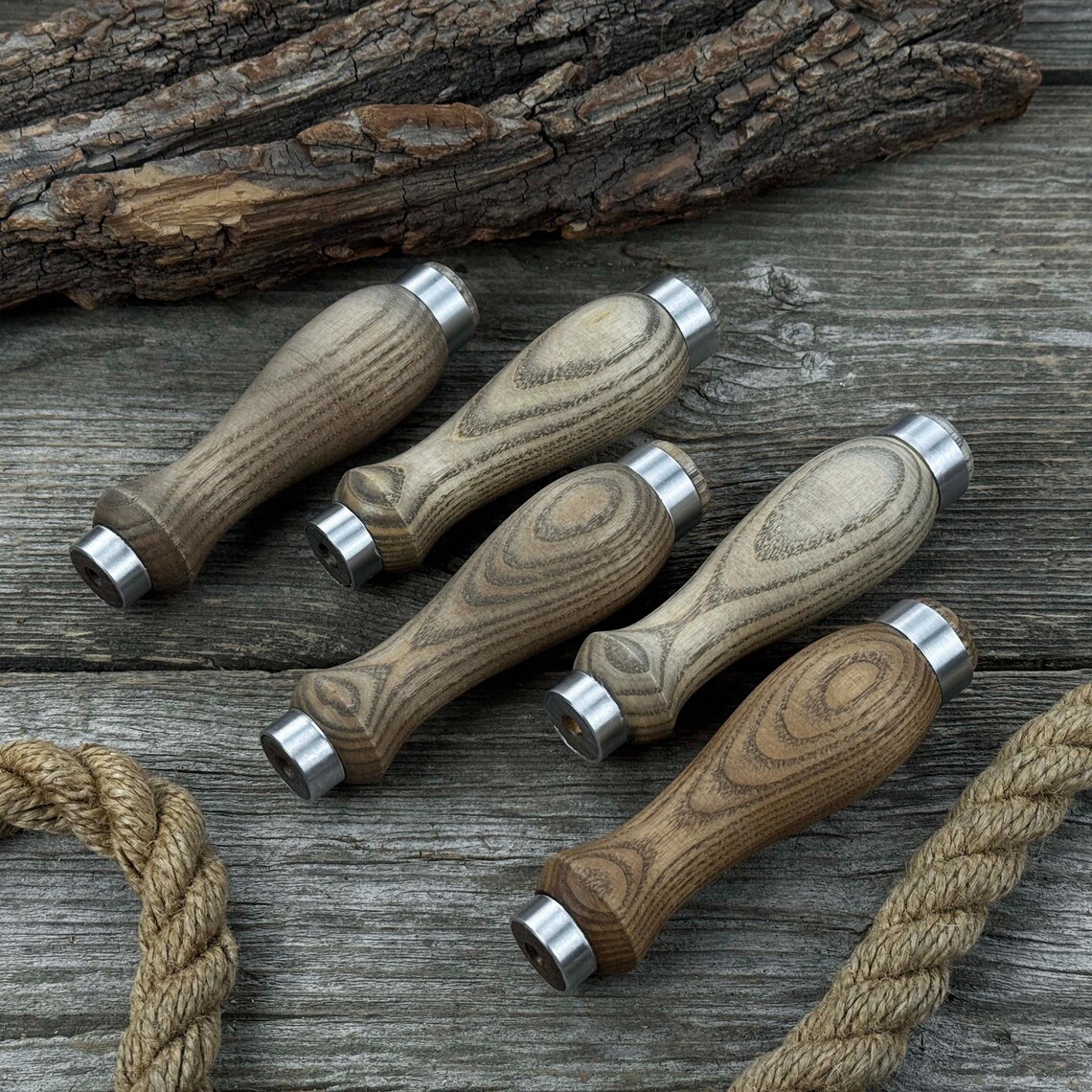 Set of 5 Round Ash Wood Handles With Aluminum Rings – Replacement ...