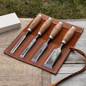 4-Piece Wood Carving Chisel Set. Sharp Blade. Woodworking Tools. Hand Forged from Hardened Carbon 52100 Steel, Ash Handle, with Leather Case