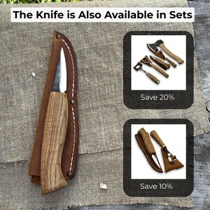 Wood carving knife placed next to carving knife sets, showing compatibility with puukko-style knives and other wood carving tools.