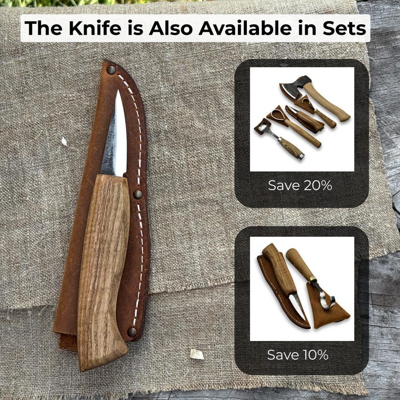 Wood carving knife placed next to carving knife sets, showing compatibility with puukko-style knives and other wood carving tools.