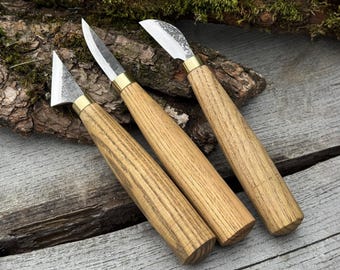Hand Forged Detail Wood Carving Knife Set, 52100 Carbon Steel, Ash Handles, Whittling Tools