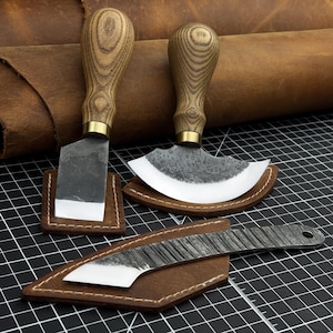 Forged Leather Knife Set – 3 PCS Skiving Knives with 52100 Carbon Steel Blades, Ash Wood Handles, Leather Sheaths. Tools for Leatherworking
