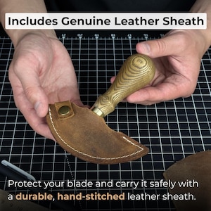 Ledermesser Rund. Rasiermesserscharfe Klinge. Halbmond Messer. Handgeschmiedet aus gehärtetem Carbon 52100 Stahl, ergonomischer Griff, mit Lederscheide Bild 5