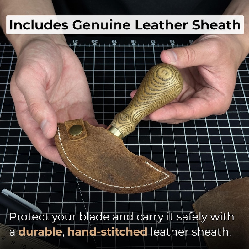 Ledermesser Rund. Rasiermesserscharfe Klinge. Halbmond Messer. Handgeschmiedet aus gehärtetem Carbon 52100 Stahl, ergonomischer Griff, mit Lederscheide Bild 5