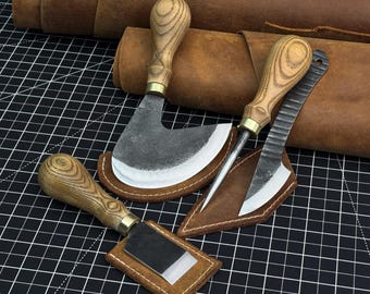 Hand Forged Leatherworking Tool Kit with Round Knife, Skiving Knife, Kiridashi and Awl
