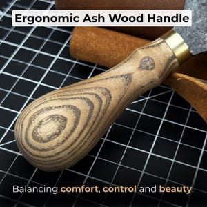 Leather Half Moon Knife. Razor Sharp Blade. Head Knife. Hand Forged from Hardened Carbon 52100 Steel, Ash Wood Handle, with Leather Sheath image 4