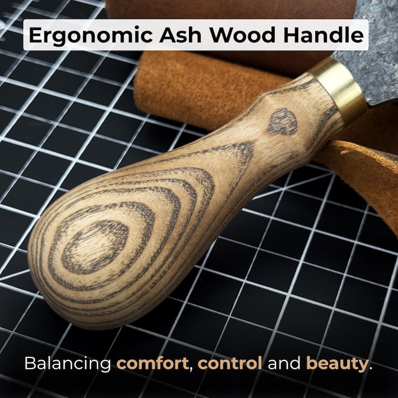 Leather Half Moon Knife. Razor Sharp Blade. Head Knife. Hand Forged from Hardened Carbon 52100 Steel, Ash Wood Handle, with Leather Sheath image 4