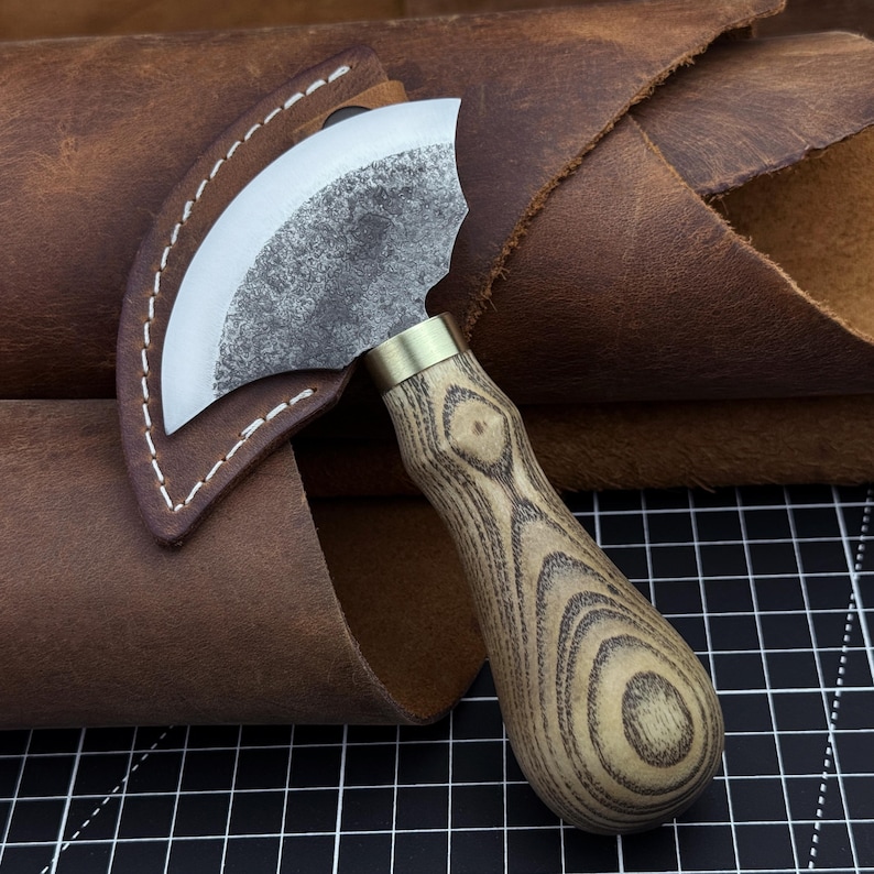 Small Leather Round Knife with Sheath. Razor Sharp Blade. Hand Forged from Hardened Carbon 52100 Steel, Ash Handle. Skiving Knife. Gift. image 1