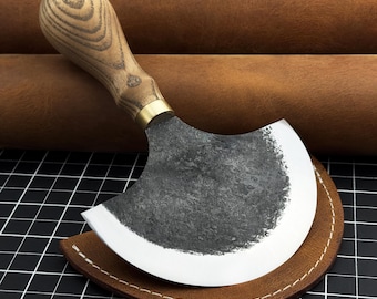 Leather Half Moon Knife. Razor Sharp Blade. Head Knife. Hand Forged from Hardened Carbon 52100 Steel, Ash Wood Handle, with Leather Sheath