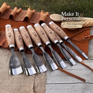 Personalized Wood Carving Gouges, Forged Carbon Steel Blades, Ash Handles, Leather Roll