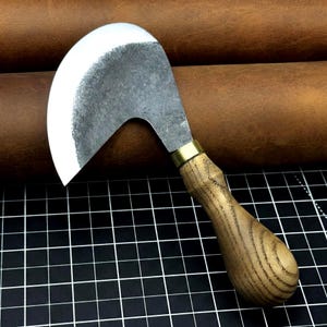 Hand Forged Round Knife – 52100 Carbon Steel Blade, Ash Handle – Half-Moon Knife for Leatherworking. Gift for Him