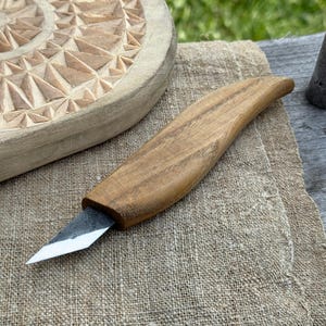Detail Carving Knife for Wood Projects. Sharp Carbon Steel Blade, Ash Wood Handle. Forged Knife for Geometric Carving. Wood Carving Knife.