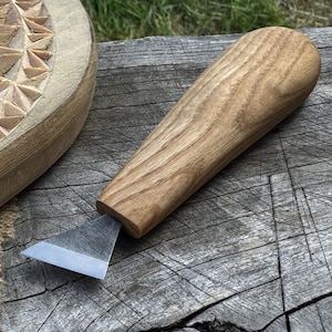 Hand-Forged Chip Carving Knife. Sharp 52100 Carbon Steel Blade, Ash Wood Handle. Beginner Knife for Geometric and Detail Wood Carving.