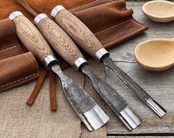 Holzbeitel zum schnitzen. Rasiermesserscharfe Klingen. Handgeschmiedet aus gehärtetem Carbon 52100 Stahl, Esche Griffe, mit Rolle. Löffel Schnitzwerkzeug