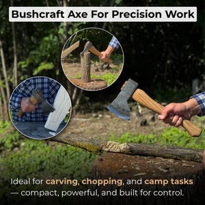 Mała siekiera do rzeźbienia w drewnie. Ostre ostrze. Kuta ręcznie z hartowanej stali węglowej 52100, ergonomiczna rękojeść jesionowa. Pochwa skórzana. Siekiera do rzeźbienia w kształcie łyżki. zdjęcie 8