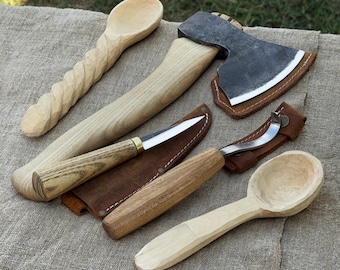 Spoon Carving Knives and Axe Set. 52100 Carbon Steel Blades. Ash Handles. Leather Sheath. Beginner Tool Kit for Bowl Carving and Whittling.