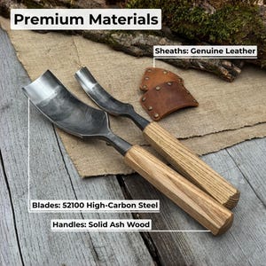 May include: Two carving gouges with curved, high-carbon steel blades and solid ash wood handles. The image shows the text "Premium Materials", "Blades: 52100 High-Carbon Steel", "Handles: Solid Ash Wood", and "Sheaths: Genuine Leather". Two brown leather sheaths are also visible.