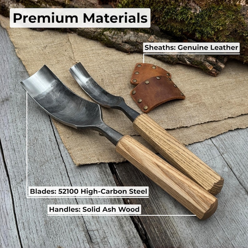 May include: Two carving gouges with curved, high-carbon steel blades and solid ash wood handles. The image shows the text "Premium Materials", "Blades: 52100 High-Carbon Steel", "Handles: Solid Ash Wood", and "Sheaths: Genuine Leather". Two brown leather sheaths are also visible.