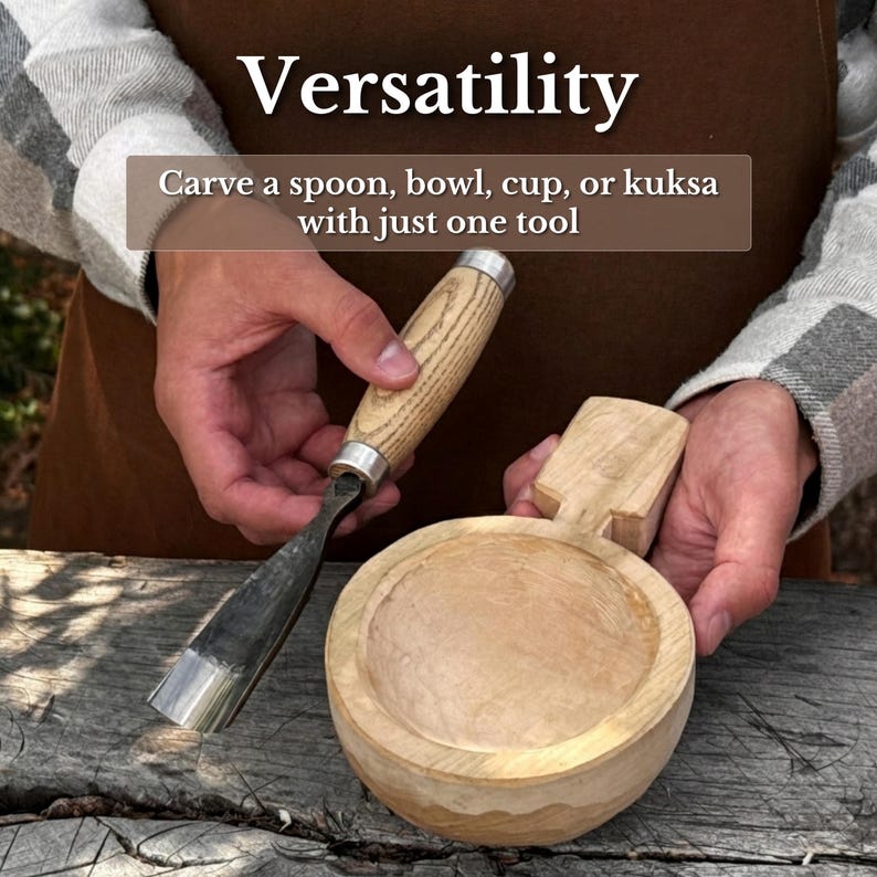 May include: A wood carving gouge with a light-colored wooden handle and a metal ferrule, held alongside a partially carved wooden bowl. The image includes the text: Versatility. Carve a spoon, bowl, cup, or kuksa with just one tool.