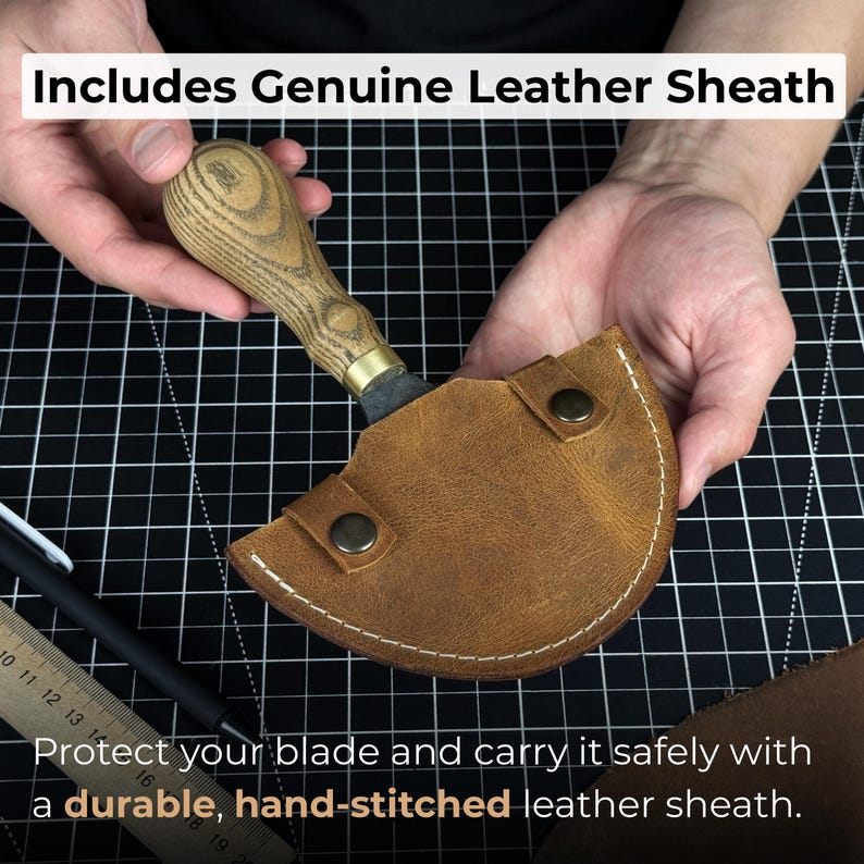 Leather Half Moon Knife. Razor Sharp Blade. Head Knife. Hand Forged from Hardened Carbon 52100 Steel, Ash Wood Handle, with Leather Sheath image 5