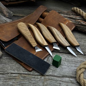5 PCS Carving Knife Set with Sharpening Board. Sharpen Carbon Steel Blades, Ash Wood Handles, Leather Sheath. Knives for Sculpture Carving.