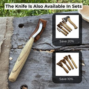 May include: A wood carving knife with a curved blade and a light-colored wooden handle, secured in a brown leather sheath. The text "The Knife Is Also Available In Sets" is at the top. Two images show sets of carving tools with savings of 20% and 10%.