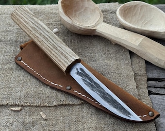 Yakut Knife. Sharp Carbon Steel Blade, Ash Wood Handle, Leather Sheath. Bushcraft Knife. Hand-Forged Knife for Fishing. Gift for Men.