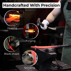 May include: Image showcasing the process of metalworking, with the text "Handcrafted With Precision" at the top. The image includes circular insets illustrating heating, forging, blade shaping, and grinding. A blacksmith is shown working with a hammer.