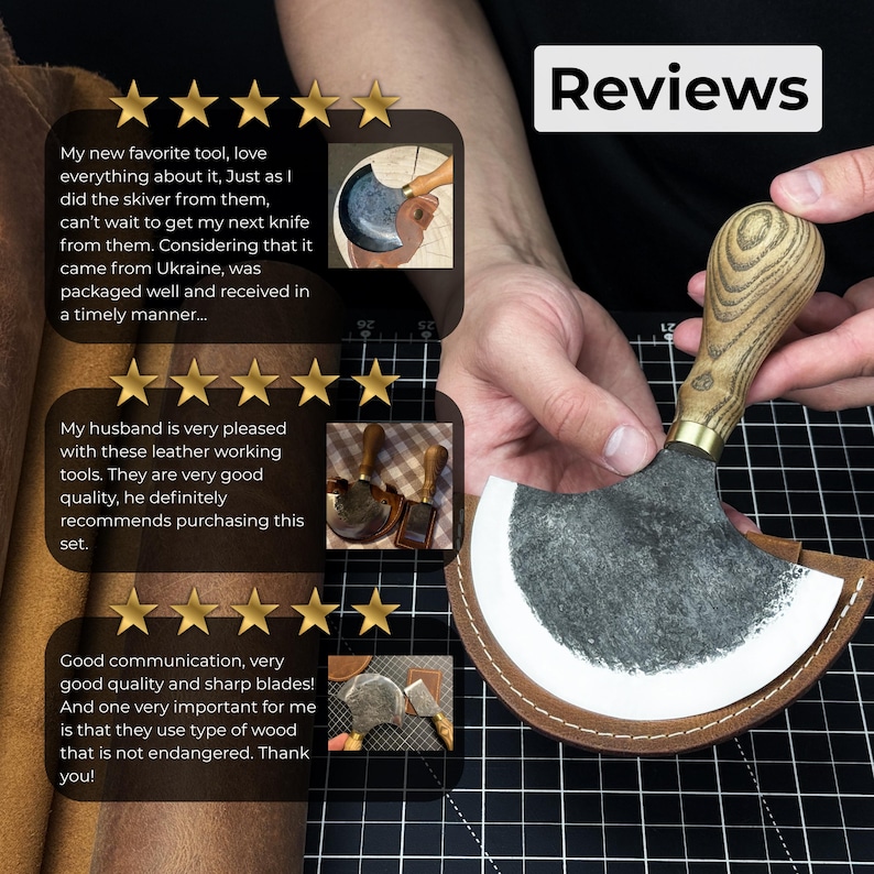 Leather Half Moon Knife. Razor Sharp Blade. Head Knife. Hand Forged from Hardened Carbon 52100 Steel, Ash Wood Handle, with Leather Sheath image 9