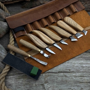 9-Piece Wood Carving Tool Set with Sharpening Board. 52100 Carbon Steel Blades, Ash Wood Handles, Leather Sheath. Sculpture Carving Tools.