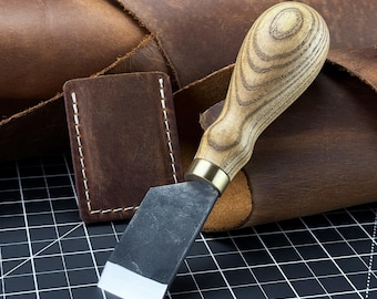 Straight Skiving Knife. Razor Sharp Blade. Leather Japanese Knife. Hand Forged from Hardened Carbon 52100 Steel, Ash Handle, with Sheath.