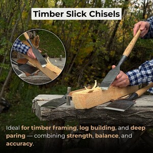 Timber slick chisels in use during outdoor woodworking, controlled paring on large timber joints