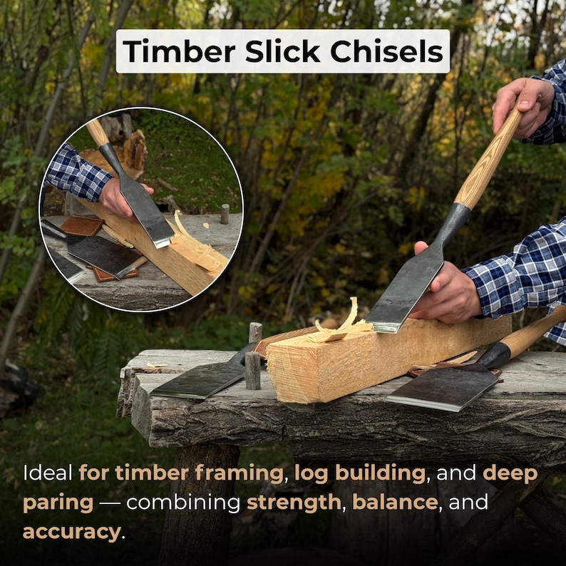 Timber slick chisels in use during outdoor woodworking, controlled paring on large timber joints