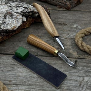 3-Piece Wood Carving Tool Set. Sharp Carbon Steel Blades, Ash Wood Handles. Forged Spoon Carving Knives. Leather Strop With Polishing Paste.