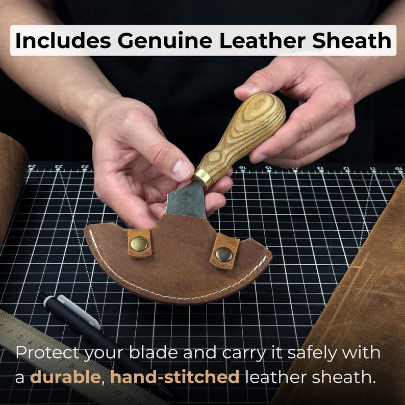 Leather Round Knife (Half Moon). Razor Sharp Blade. Hand Forged From hardened Carbon 52100 Steel, Ergonomic Ash Handle, with Leather Sheath image 5