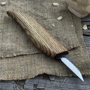 Detail Knife with Curved Blade for Wood Carving. Sharp Carbon Steel Blade, Ash Wood Handle. Geometric Carving Knife. Chip Carving Knife.