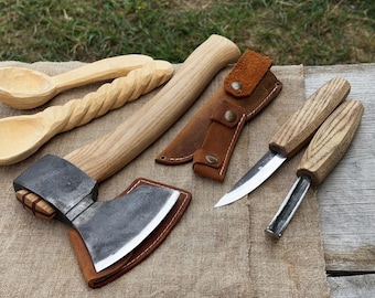 Hand-Forged 3-Piece Carving Tools. 52100 Carbon Steel Blades, Ash Wood Handles, Leather Sheath. Sharp Knives and Axe for Spoon, Bowl Carving