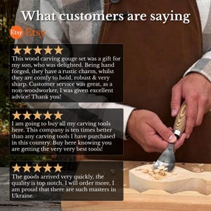 May include: A graphic overlay titled What customers are saying featuring three five-star reviews about wood carving tools. The text describes hand-forged gouges, quality, and shipping. A person uses a metal gouge with a wooden handle on wood.