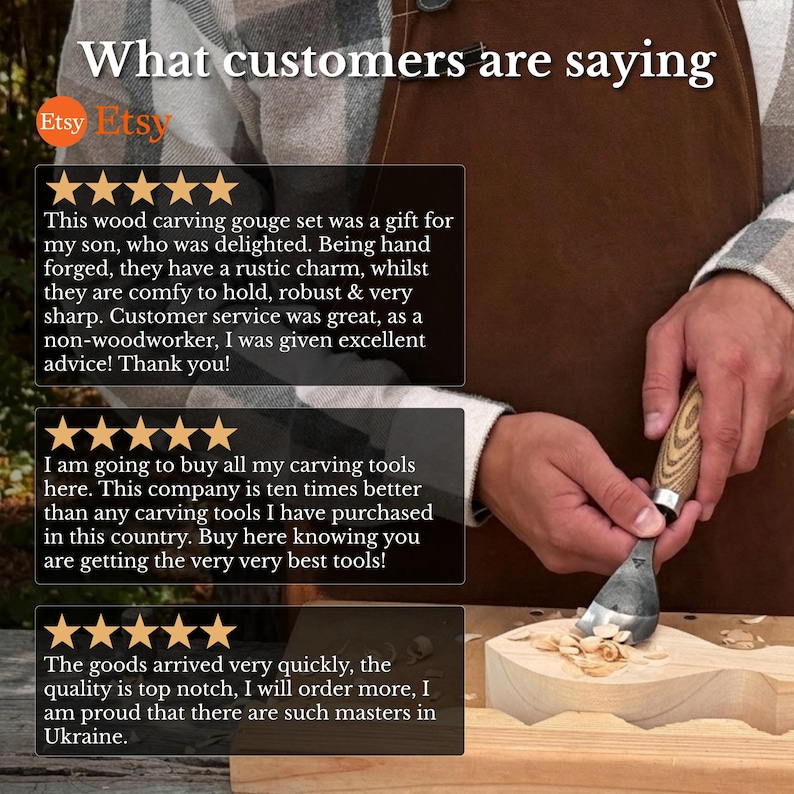 May include: A graphic overlay titled What customers are saying featuring three five-star reviews about wood carving tools. The text describes hand-forged gouges, quality, and shipping. A person uses a metal gouge with a wooden handle on wood.