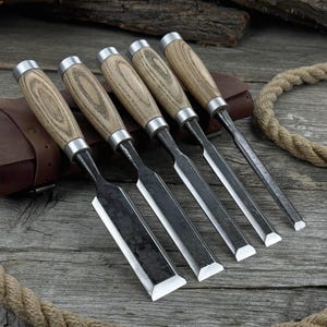 Set of 5 Chisels for Wood Carving. 52100 Carbon Steel Blades, Ash Wood Handles, Leather Bag. Hand-Forged Sculptural Carving Chisels. Gift