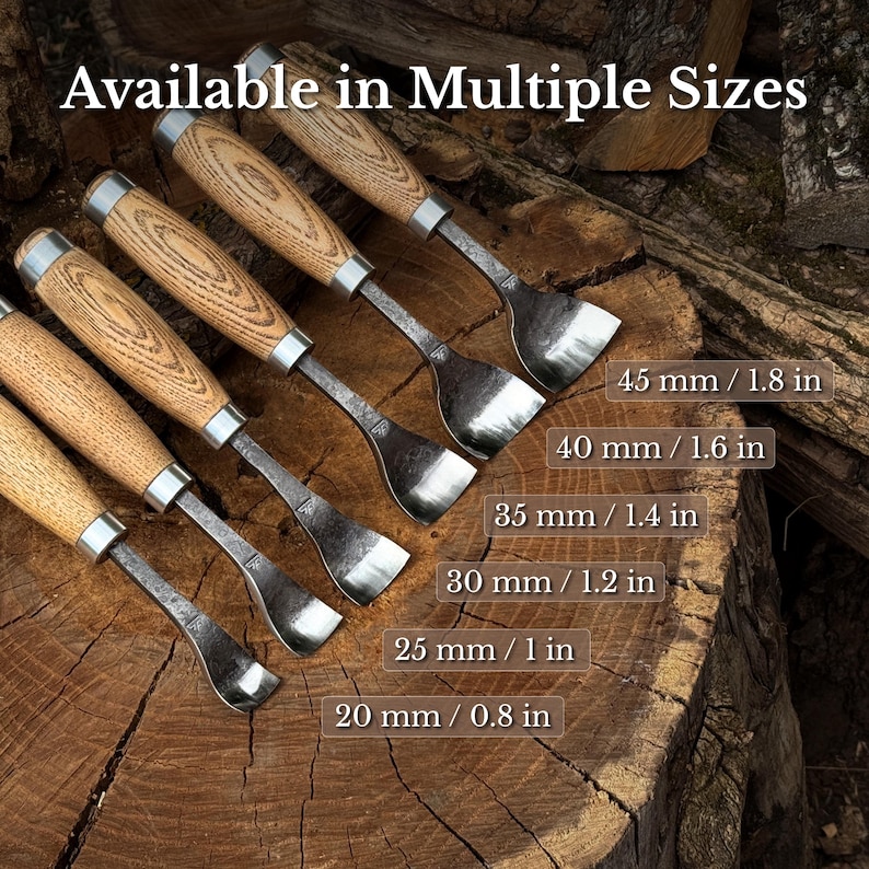 May include: A set of six metal wood carving gouges with light brown wooden handles, arranged by size from 20 mm / 0.8 in to 45 mm / 1.8 in. The text Available in Multiple Sizes is visible at the top, with specific measurements listed for each tool.