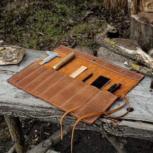 Genuine Leather Chisel Case with 8 Pockets. Leather Crazy Horse. Tool Storage Bag. Roll for Chisels, Knives and Garage Tools. Gift For Him