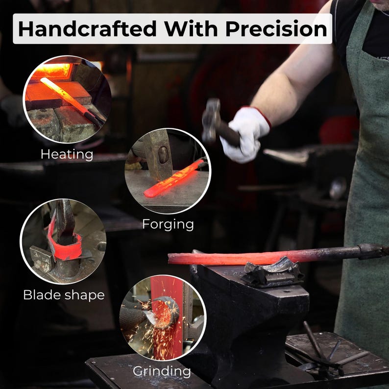May include: Image showing the process of blacksmithing, with the text "Handcrafted With Precision" at the top. The image includes close-ups of heating, forging, blade shaping, and grinding metal. A blacksmith is shown working with a hammer.