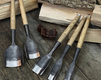 Hand-Forged Rounded Timber Chisels, 52100 Carbon Steel Blades, Hollowing Chisels for Woodworking