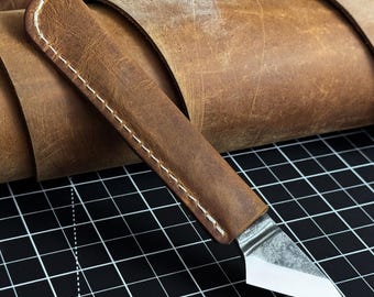 Hand-Forged Kiridashi for Leatherworking. Sharp Carbon 52100 Steel Blade, Leather Sheath. Single-edged Kiridashi Knife. Gift For Him